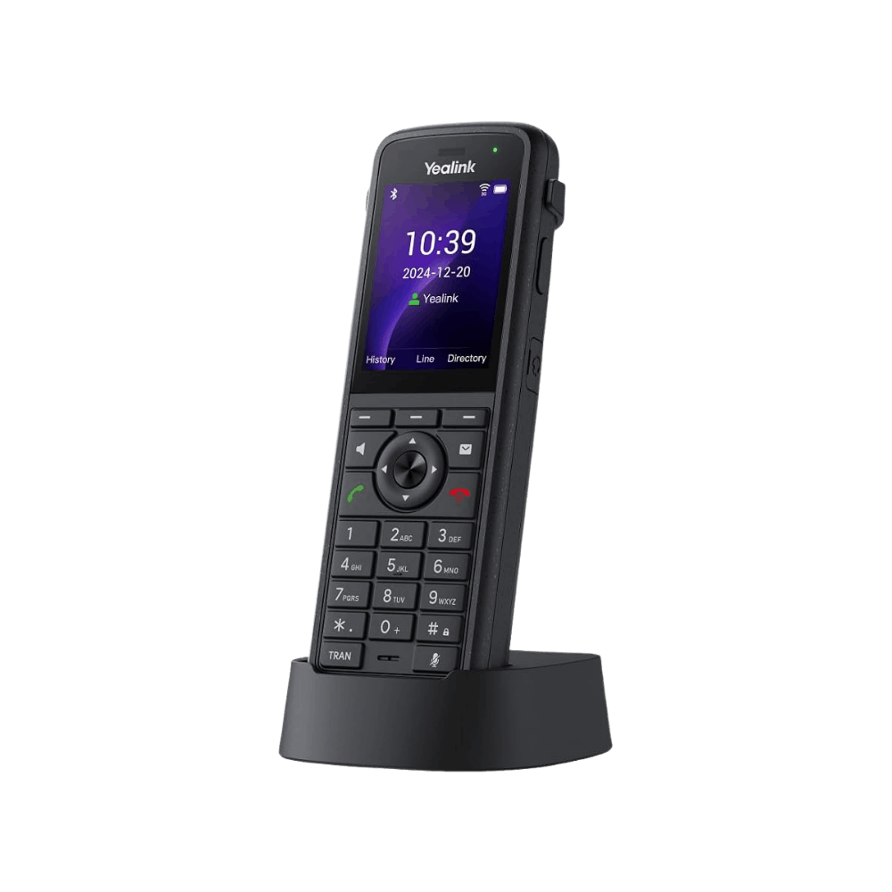 Yealink AX86R rugged Wi-Fi handset with colour screen and charging dock for warehouse and industrial environments.