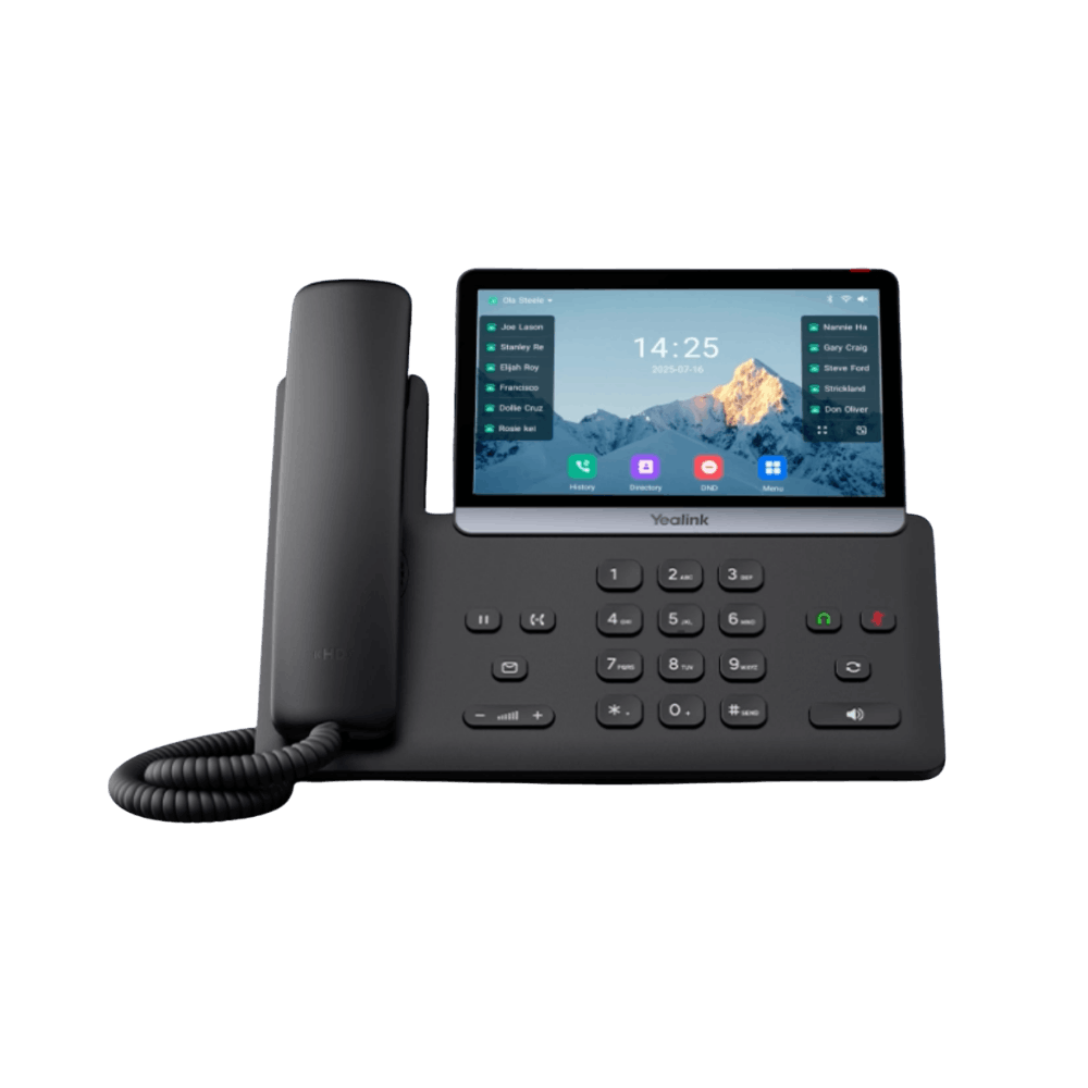 Yealink T77U flagship business desk phone with large colour display and programmable keys for reception and high-call-volume teams.