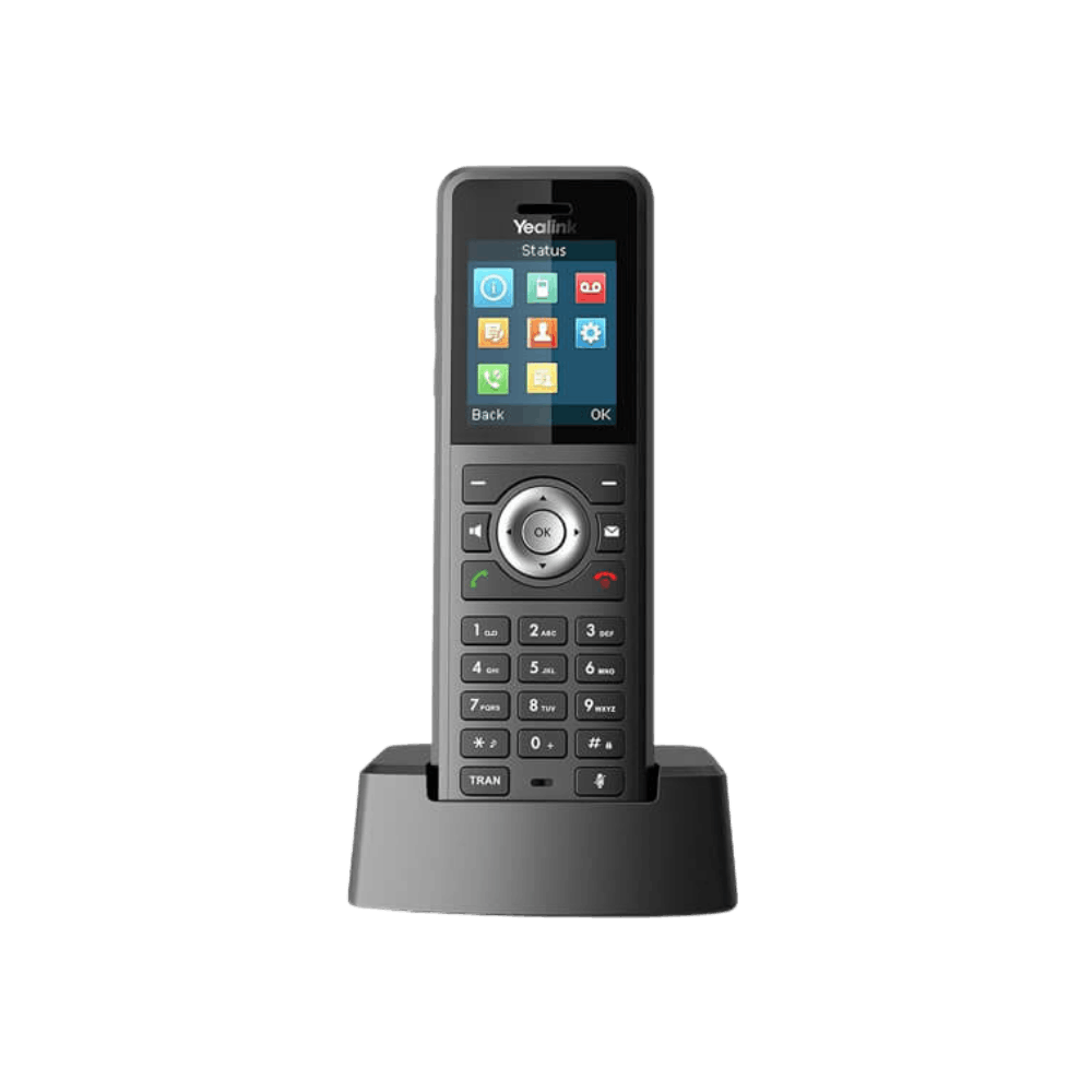 Yealink W59R rugged DECT cordless handset with charging dock for industrial, warehouse and demanding work environments.