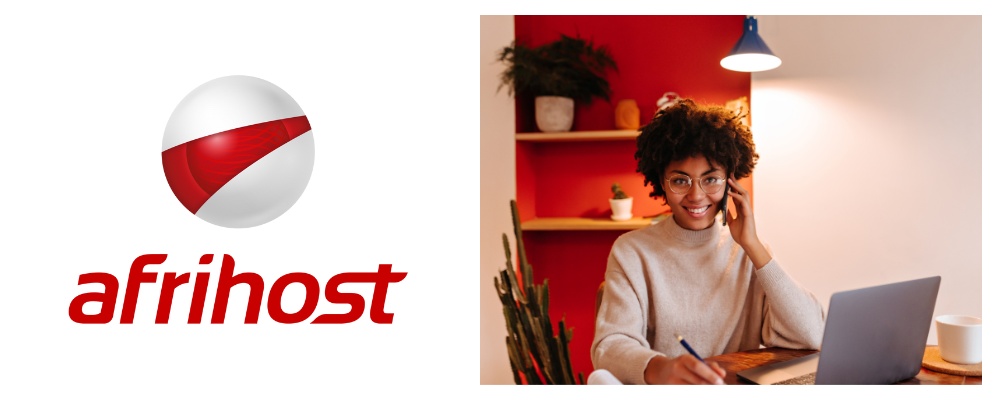 Afrihost logo on left and young business woman holding a mobile phone and seated at her desk with her laptop on right handside