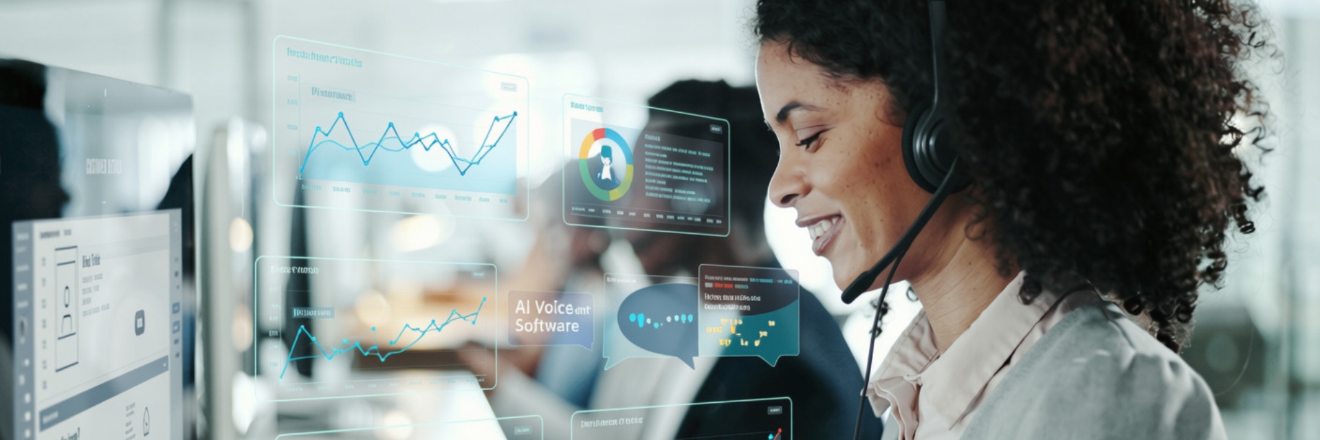 A business professional using a headset and using UVC AI agent software.