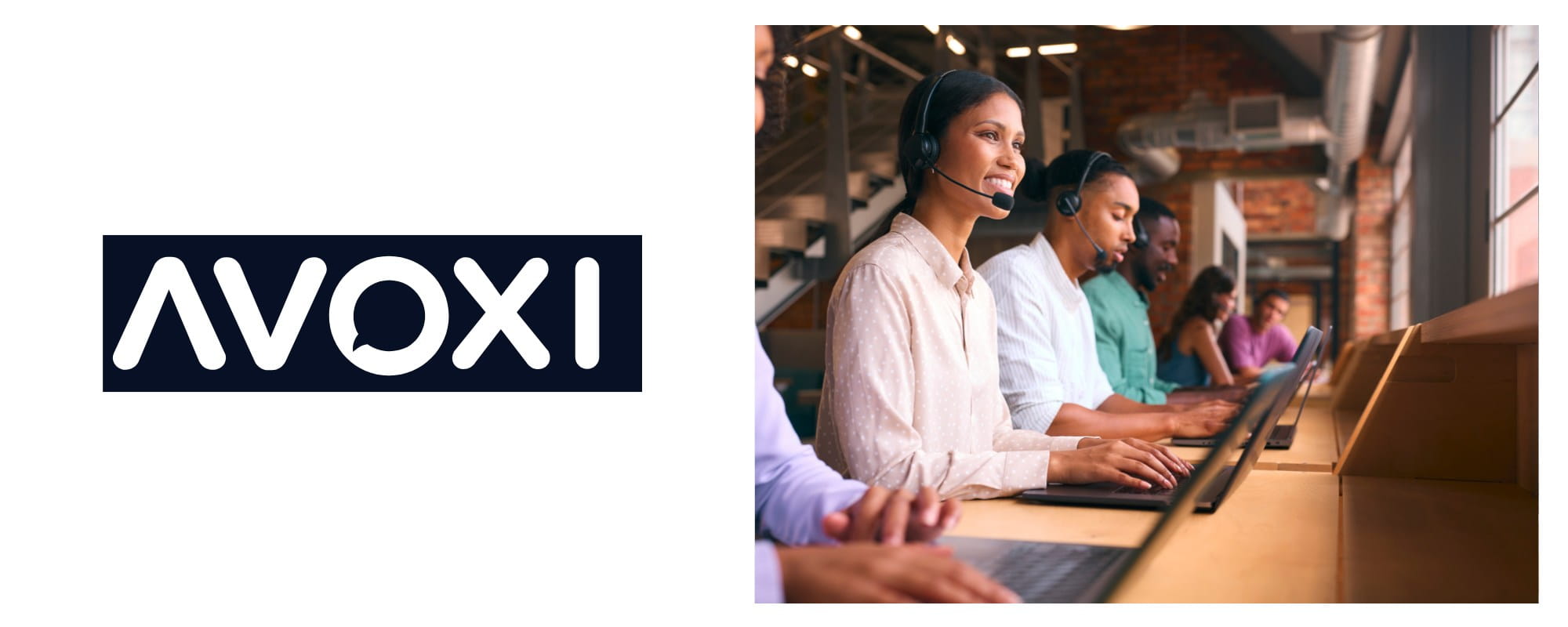 AVOXI logo beside a team of call centre agents wearing headsets and working on laptops, representing the AVOXI cloud PBX platform.