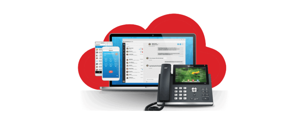 cloud hosted phone system with IP phone, desktop, and mobile phone