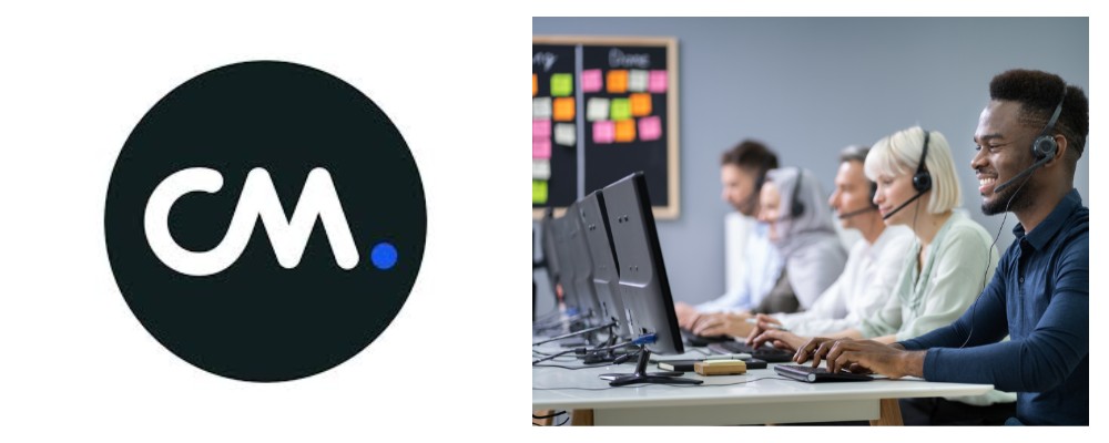 A CM.com agent in a dark blue shirt using a headset linked to a SIP phone