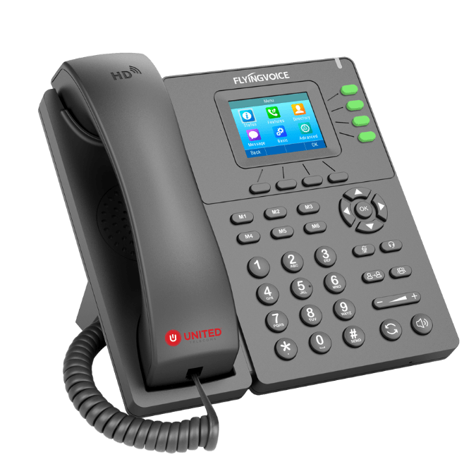A corded Flyingvoice wi-fi VoIP handset on a surface