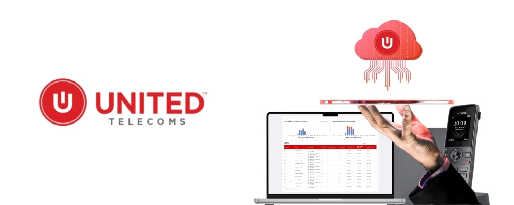 Image of the full United Telecoms logo on the left, a cloud with its logo on the right and its calling software interface on display on a laptop below
