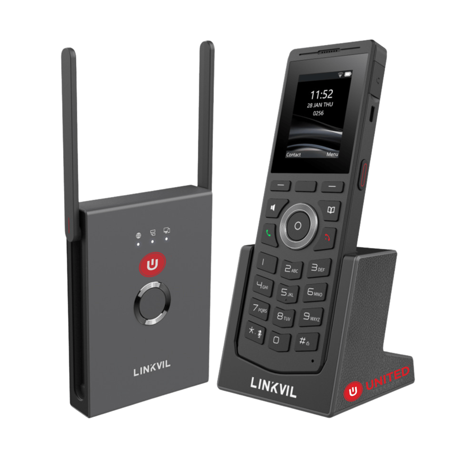 Linkvil cordless VoIP phone, base and transmitter on surface