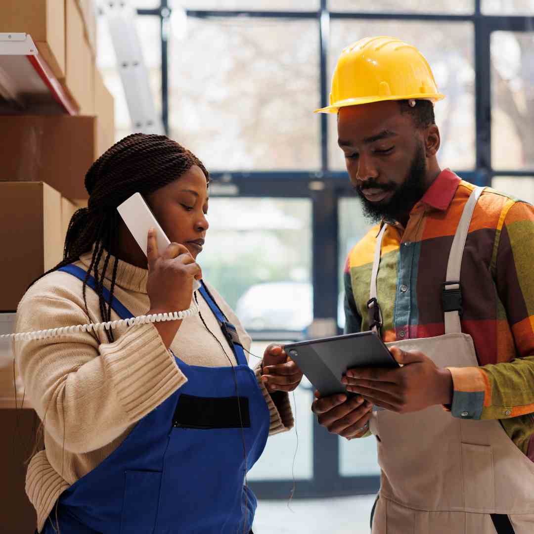 A woman manufacturing staff member speaking with a supplier using a Fanvil phone. A man colleague stands next to her