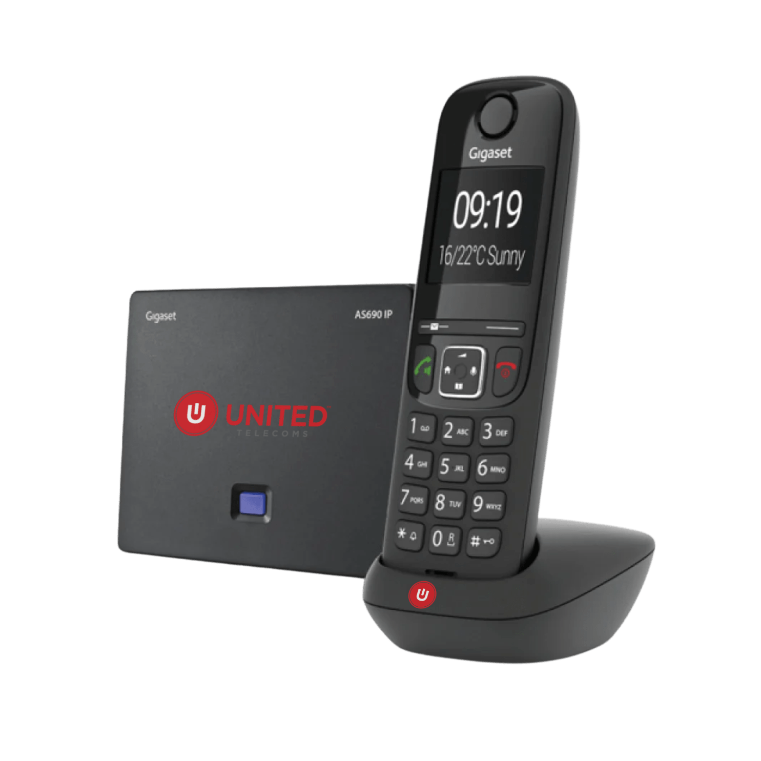 Gigaset cordless VoIP phone, base and wi-fi router on surface