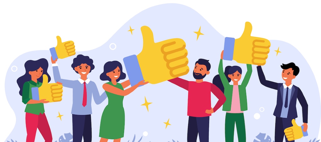 characters holding thumbs up symbols to signify great customer experience