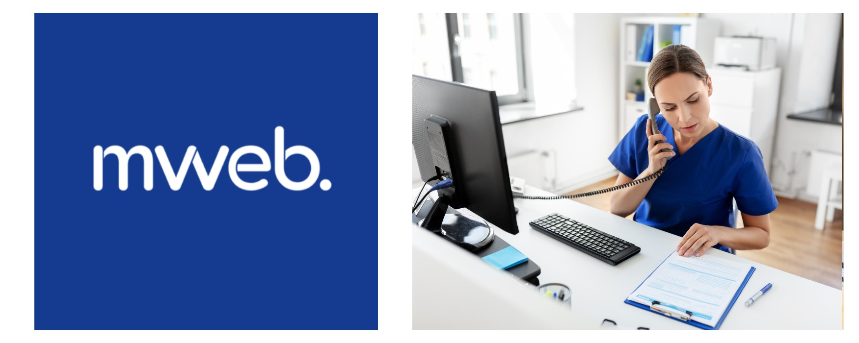 A doctor contact a patient on the phone using a VoIP handset connected by business fibre