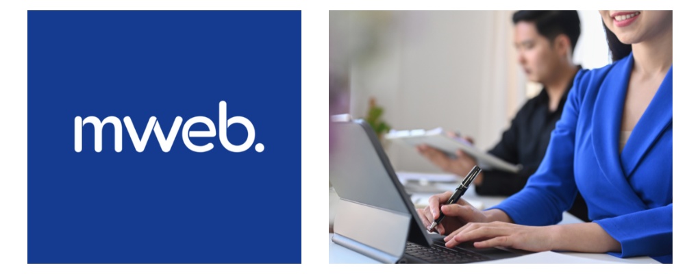 Mweb logo on left and businesswoman in royal blue suit jacket working on her tablet on the right handside