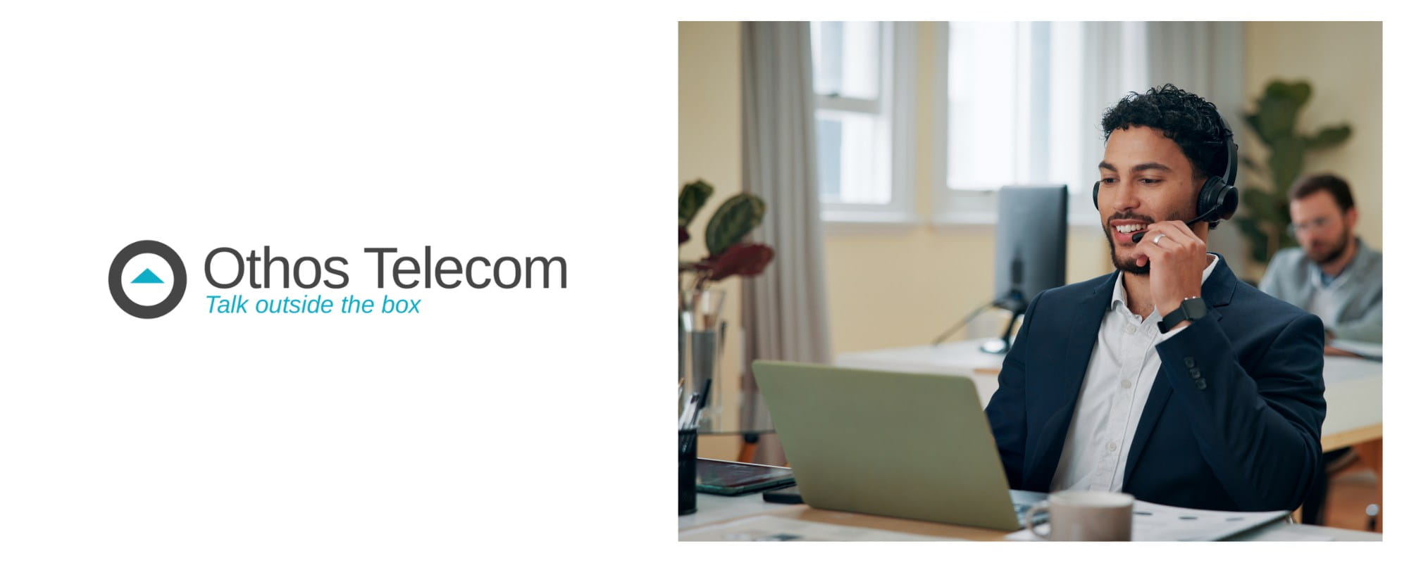 Othos Telecom logo beside a businessman wearing a headset and taking a call on his laptop, representing the Othos Cloud PBX platform.