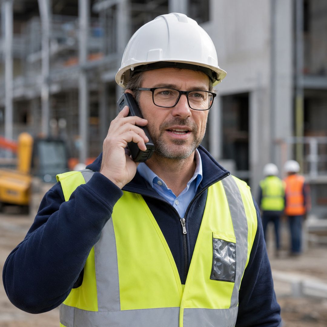 Construction site manager taking a call on a mobile handset.