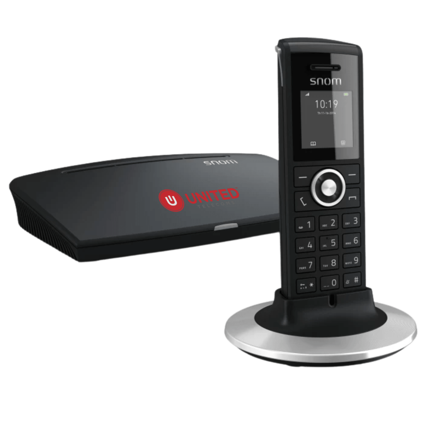 Snom cordless VoIP phone, base and wi-fi router on surface