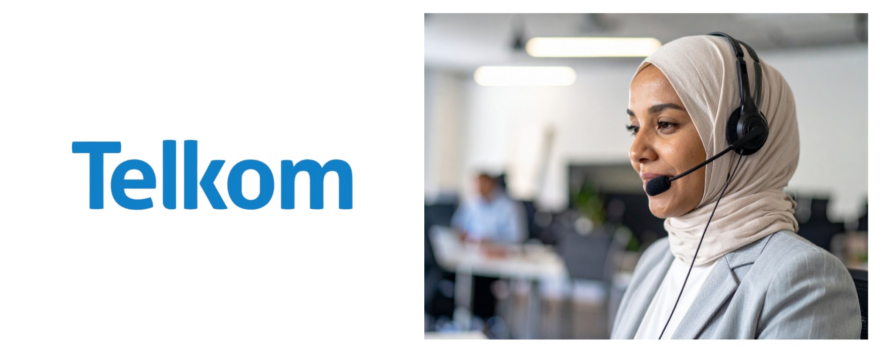 Woman at her desk taking a call using her headset and business fibre