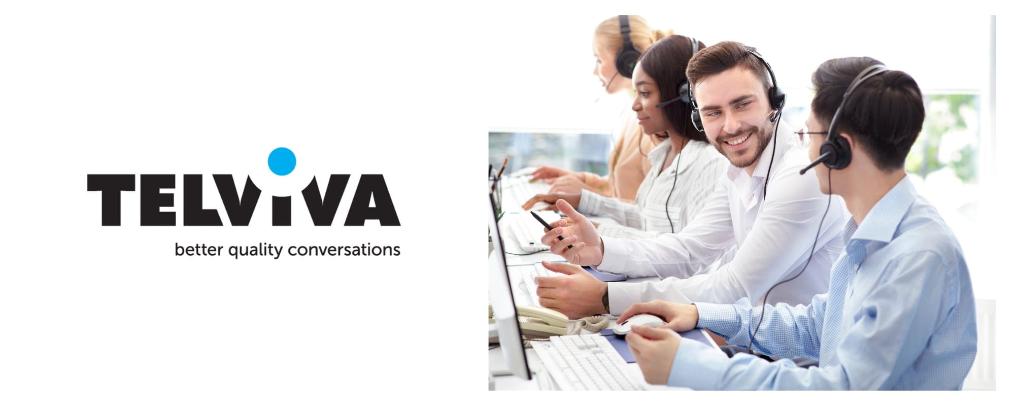 Telviva logo beside a team of call centre agents wearing headsets at their computers, representing the Telviva One unified communications platform.