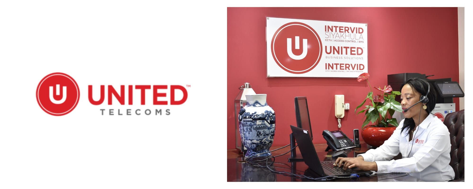 United Telecoms logo beside a receptionist wearing a headset at a branded reception desk, representing United Voice Cloud PBX support.