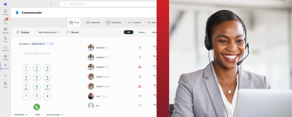 A woman wearing a silver suit and headset, smiling while using the UVC Omnichannel cloud call centre software