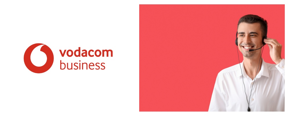 Vodacom logo on left and call centre agent with red background on right handside