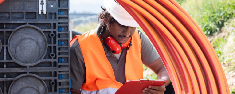 Fibre installation technician checking fibre optic cables and infrastructure during a new business fibre installation in Pretoria.