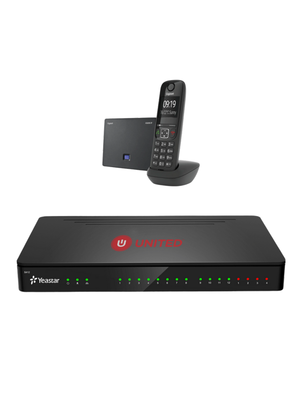 A PBX unit on a surface, with a DECT phone behind it