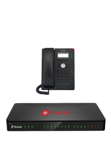 Snom desk phone and PBX system on a surface