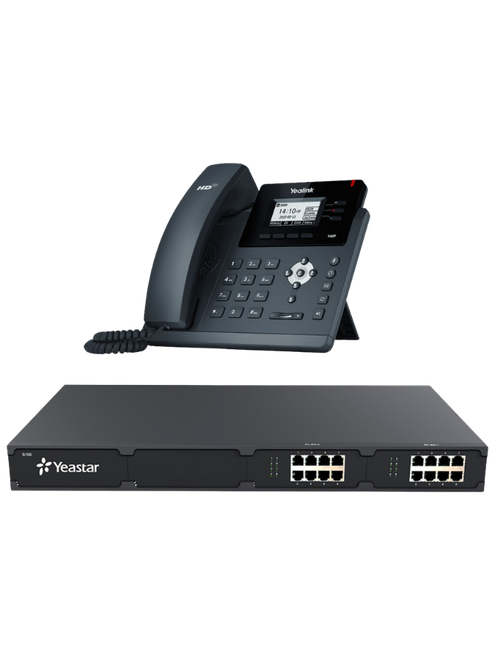 Yealink desk phone paired with a Yeastar PBX unit.