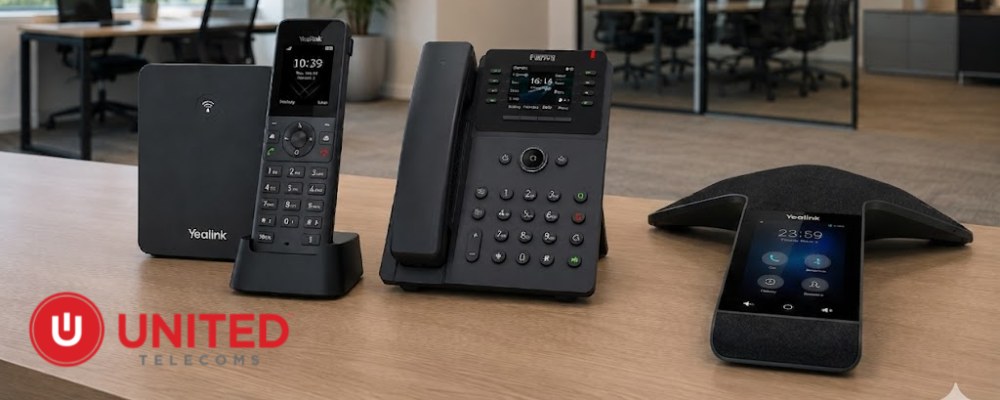 Two Yealink and one Fanvil wireless phones on top of a table.