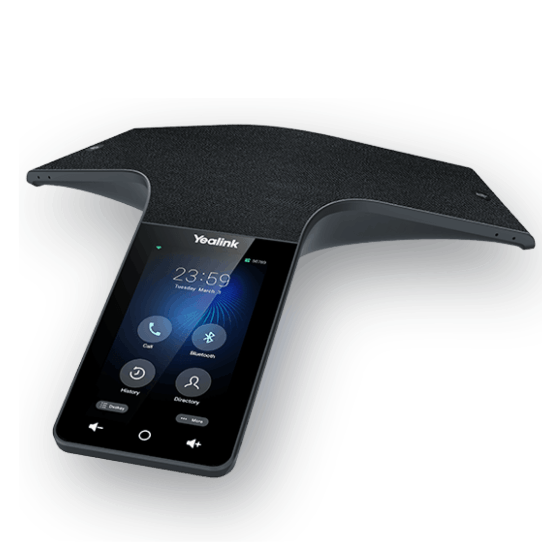 Yealink conference phone on a meeting room table.