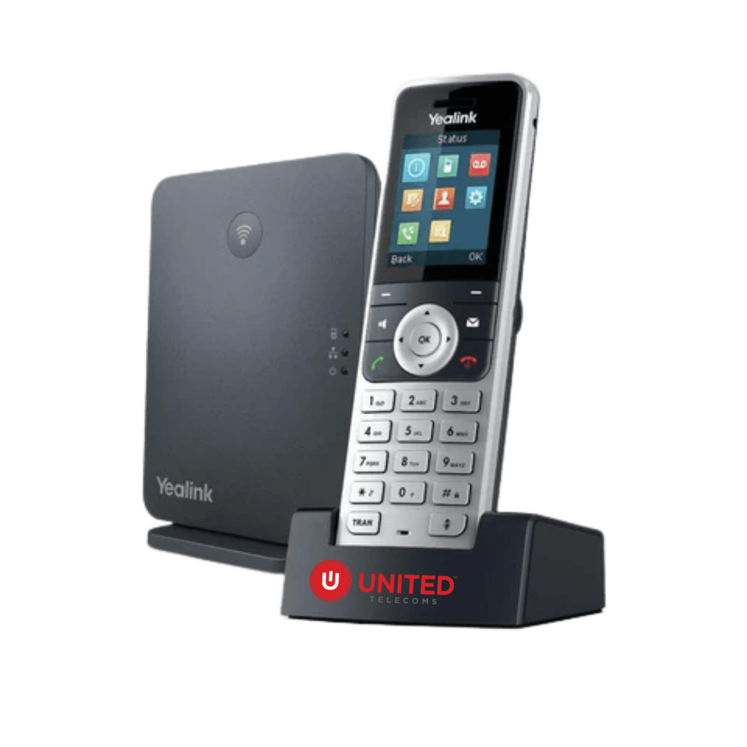 Yealink cordless VoIP phone, base and wi-fi router on surface