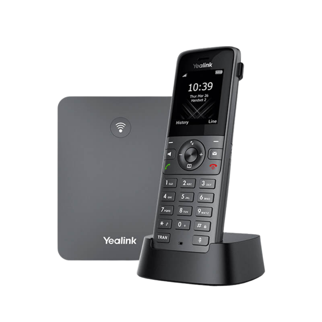 Yealink DECT phone handset and base station on a surface.