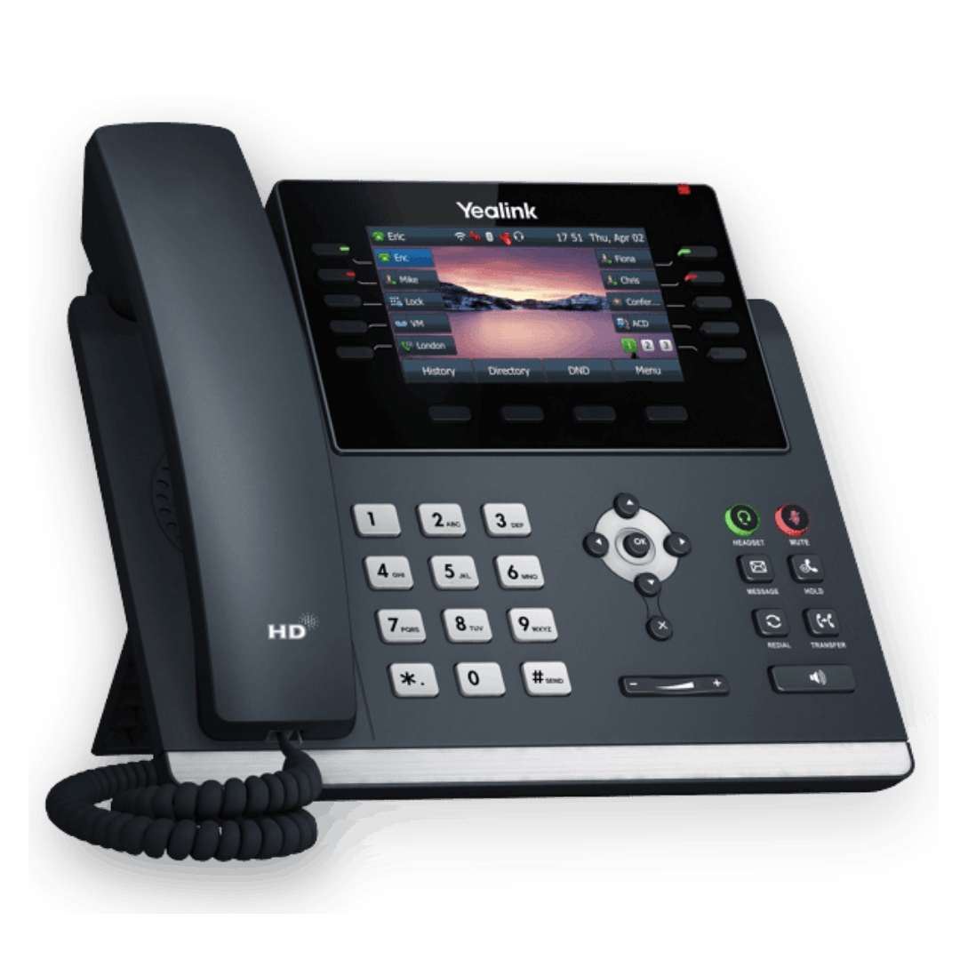 Yealink IP desk phone with colour display and corded handset.