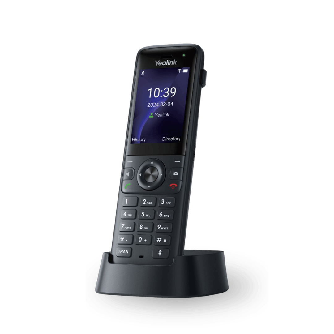 Yealink Wi-Fi handset docked in its charging cradle.
