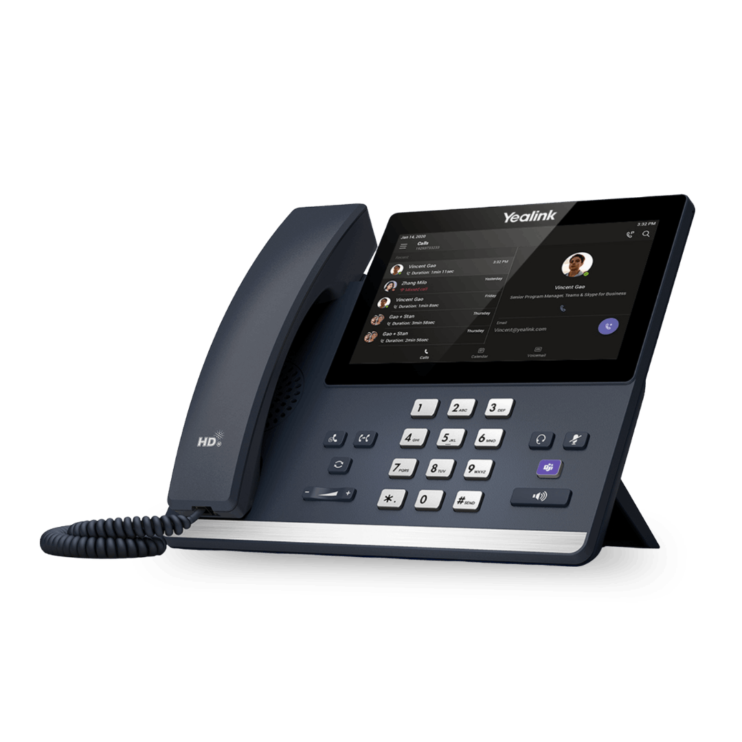 Yealink Microsoft Teams certified desk phone with Teams interface.