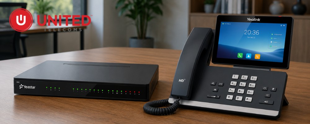 A Yeastar s412 pbx unit and a cordless Yealink VoIP deskphone on a table.